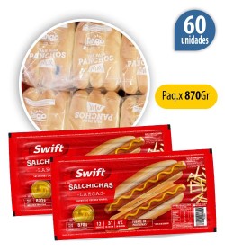 Pancho largo Swift x 60 salchichas + 60 panes Fargo+ 2 aderezos