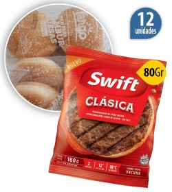 Hamburguesas Swift 100% carne vacuna Parrilleras  clásica 80 Grs  x12u+ Pan Fargo +1 aderezo