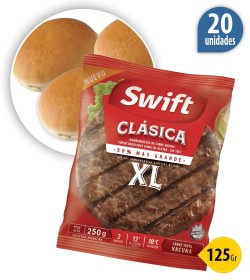 Maxi hamburguesas 100% carne vacuna Swift Clásica XL de 125gr x 20 u + Pan + 1 aderezo