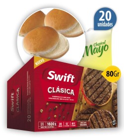 Hamburguesas Swift 100% carne vacuna Clásica 80 Grs x 20u + 20 Panes + 1 aderezo