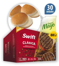 Hamburguesas Swift 100% carne vacuna Parrilleras 80 Grs x 30u + Pan + Aderezo