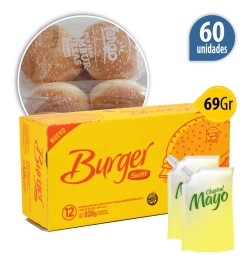 Medallón de carne vacuna Swift Burger 69 Grs S/TACC x60u + Pan Fargo + 2 aderezos