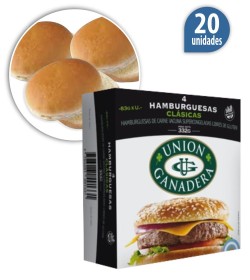 Hamburguesa parrillera pura carne Unión Ganadera x83gr s/TACC x20u+ pan + aderezo